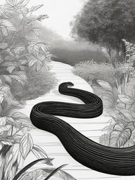 drawing of a snake in a botanical garden  minimal rough sketch scribbles,doodles,black and white