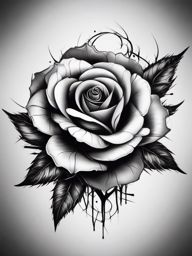 A cursed rose blooms, a thorny mark on the skin.  black and white tattoo style