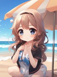 Cute chibi character at the beach. , aesthetic anime, portrait, centered, head and hair visible, pfp