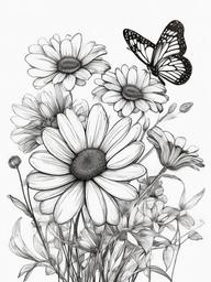 drawing of a bunch of daisies with butterflies  minimal rough sketch scribbles,doodles,black and white