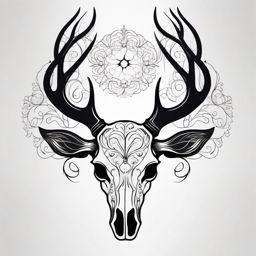 Minimalist deer skull with delicate swirls, nature's quiet art.  black and white tattoo style