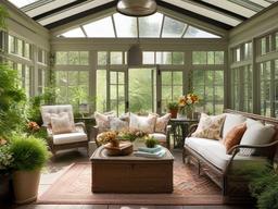 A sunroom with vintage interior design highlights comfortable seating, vintage textiles, and an inviting atmosphere that allows you to enjoy the outdoors in style.  