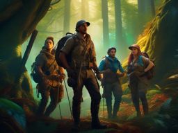 Group of explorers ventures into cursed forest seeking mythical treasure. hyperrealistic, intricately detailed, color depth,splash art, concept art, mid shot, sharp focus, dramatic, 2/3 face angle, side light, colorful background