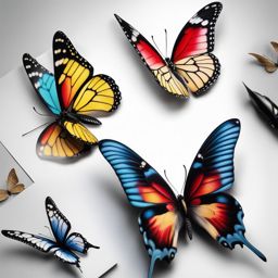 Realistic 3D butterfly tattoo, Tattoos featuring butterflies with a realistic 3D visual effect.  viviid colors, white background, tattoo design