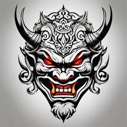 Oni Mask Japanese Tattoo - Tattoo featuring the iconic Oni mask in traditional Japanese style.  simple color tattoo,white background,minimal