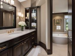 In the guest bathroom, Regency interior design features luxurious fixtures, elegant finishes, and tasteful decor that create a welcoming atmosphere for visitors.  