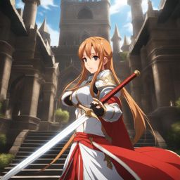 asuna - engages in fast-paced sword battles within an ornate, medieval castle courtyard. 