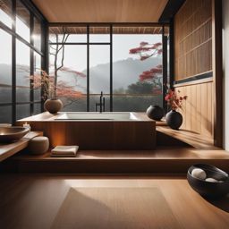 japanese-inspired bathroom with a deep soaking tub and zen decor. 