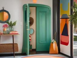 Retro entryway features colorful accents, playful decor, and vintage-inspired furniture that bring a fun vibe to the entry experience.  