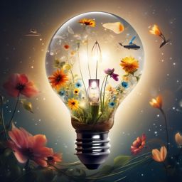 light bulb abstract with inspiration and ships, spaceship ,  flowers growing in it