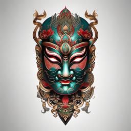 asian mask tattoo  simple color tattoo,white background,minimal