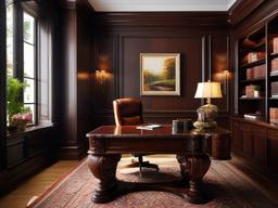 Traditional home office showcases classic wooden furniture, rich colors, and elegant decor, providing a sophisticated setting for professional work.  