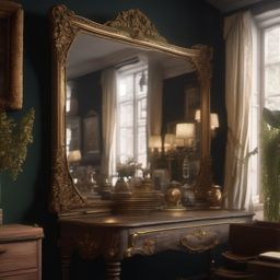 In an antique shop, a dusty, ornate mirror reflects a fleeting glimpse of a different era.  8k, hyper realistic, cinematic