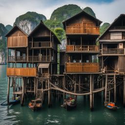 vietnamese stilt houses, with elevated platforms, line the shores of ha long bay, vietnam. 