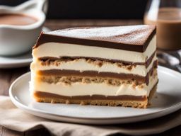 a slice of classic tiramisu, layers of coffee-soaked ladyfingers and mascarpone cheese. 