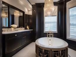 Hollywood Regency bathroom showcases plush materials, decorative mirrors, and elegant lighting, creating an upscale yet inviting environment.  