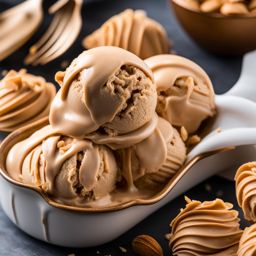 a scoop of creamy peanut butter ice cream, swirled with ribbons of peanut butter. 