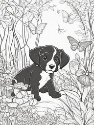 Puppy in a Fairy Garden Coloring Pages - Magical Scene with Puppy and Fairies  minimal black outline printable sheet, coloring page