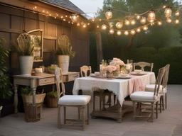 Shabby Chic patio features a distressed dining set, romantic decor, and vintage accents, offering a cozy and stylish environment for outdoor gatherings.  