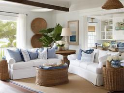 Coastal living room with white slipcovered sofas, rattan accents, and nautical decor creates a breezy, beachy vibe.  