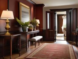 Traditional entryway showcases classic wooden furniture, elegant decor, and rich colors for a sophisticated yet functional space for greeting guests.  