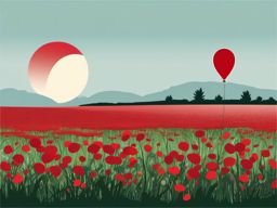 Red Balloon in a Field Clipart - Red balloon floating above a wildflower field.  color clipart, minimalist, vector art, 