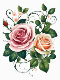 Rose and vine tattoo, Elegant tattoos featuring roses intertwined with vine motifs. ,colorful, tattoo pattern, clean white background