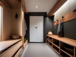 A mudroom designed with Japanese Zen interior design includes functional storage solutions, natural materials, and a serene aesthetic that combines practicality with tranquility.  