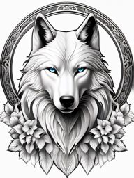 White Wolf Tattoo,tattoo depicting the pure and enigmatic white wolf, symbol of rare beauty and strength. , tattoo design, white clean background