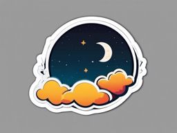 Moon and Clouds Sticker - Crescent moon amidst fluffy clouds, ,vector color sticker art,minimal