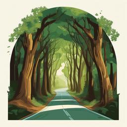 The illustration depicts a winding road through a dense forest of tall trees. The trees have a mix of green and brown hues, and the road curves through the forest, creating a sense of depth. The scene is framed by an archway, adding a feeling of entry into the forest. The illustration has a serene a  colors,professional t shirt vector design, white background