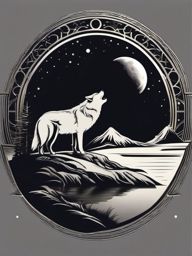Wolf and Moon Tattoo,tranquil night with a wolf silhouetted against a radiant moon, peaceful guardian of the night. , tattoo design, white clean background