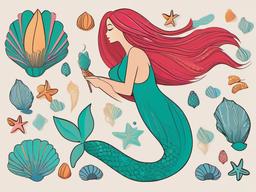 Mermaid clipart - cartoon mermaid with colorful tail and seashells  color,minimalist,vector clipart