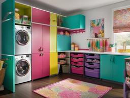 Candy Land utility room showcases colorful storage solutions, whimsical decor, and practical organization, making chores feel lighthearted and fun.  