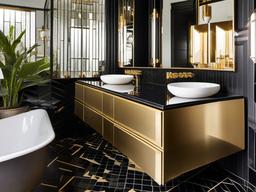 Art deco-inspired bathroom with Ann Sacks black and gold tiles, Kohler brass fixtures, and a CB2 mirrored vanity.  