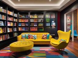 In the library room, Pop Art interior design incorporates bright book covers, vibrant art, and fun seating options that inspire reading and creativity in a lively setting.  