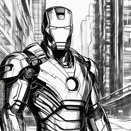 drawing of Iron Man in a cityscape  minimal rough sketch scribbles,doodles,black and white