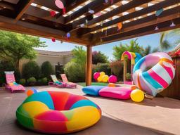 Candy Land pool area includes vibrant loungers, playful pool floats, and whimsical decor, creating a fun and lively environment for summer enjoyment.  