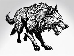 Fenrir Tattoo,Fenrir, monstrous wolf from Norse mythology, bound in ink, symbolizing inevitable and unstoppable forces. , tattoo design, white clean background