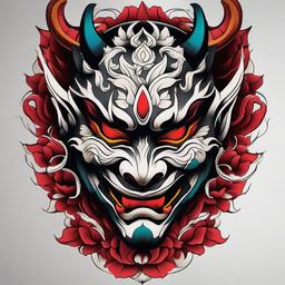 hannya mask tattoo  simple color tattoo,white background,minimal