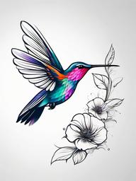 Humming Bird Tattoo Ideas - Hummingbird hovering over flowers  minimalist tattoo design, white background