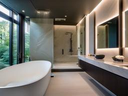 Modern luxury spa with Porcelanosa marble walls, Kohler waterfall shower, and custom FLOS ambient lighting fixtures.  