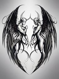 Angel Demon Tattoo-Artistic and symbolic tattoo featuring both an angel and a demon, capturing themes of duality.  simple color tattoo,white background