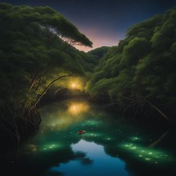 iriomote island - create a dreamy night painting of iriomote island's mangrove forests, where kayakers glide through bioluminescent waters, guided by the light of fireflies. 