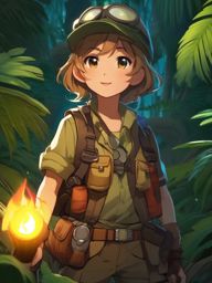 Adventurous explorer, wearing a rugged outfit and holding a torch, delving into the heart of a lost jungle temple in search of hidden treasures.  front facing ,centered portrait shot, cute anime color style, pfp, full face visible