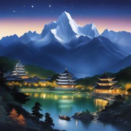 jade dragon snow mountain - craft a serene night painting of jade dragon snow mountain, where snow-capped peaks and alpine meadows shimmer under a starry sky. 