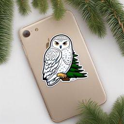 Snowy Owl perched on Pine Tree Emoji Sticker - Watchful guardian in snowy landscapes, , sticker vector art, minimalist design