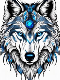 Wolf with Blue Eyes Tattoo,mesmerizing tattoo of a wolf with piercing blue eyes, symbol of depth and mystery. , color tattoo design, white clean background