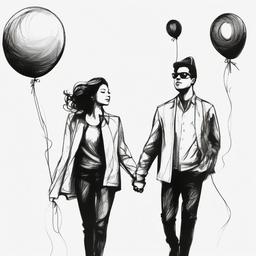 drawing of a couple with balloons  minimal rough sketch scribbles,doodles,black and white