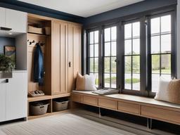 A mudroom designed with urban modern interior design includes built-in storage, clean lines, and a functional layout that makes coming and going a breeze.  